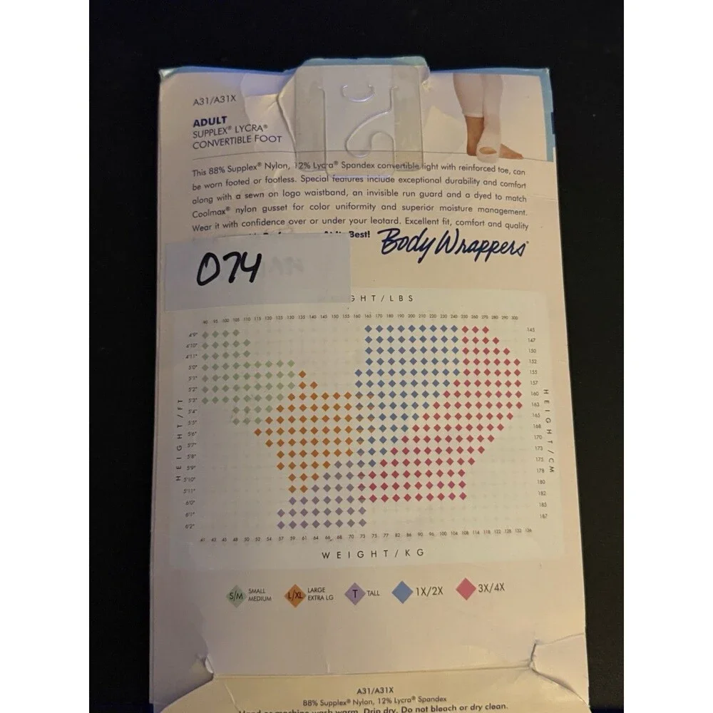 Body Wrappers Total Stretch Tights S-M Adult  Convertible Foot A31/A31X Lycra